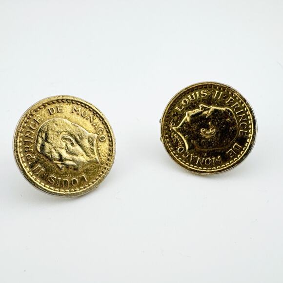 Vintage Louis II Prince de Monaco Coin Earrings - Gold Tone Screw Back Clip On - Picture 1 of 10